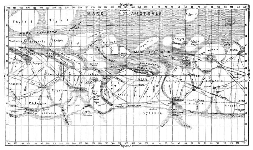 Mapa de Marte de Giovanni Schiaparelli. Fonte: Wikipedia.